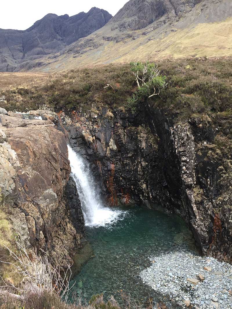 A waterfall is shown near some rocks and grass.