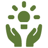 A green icon of hands holding a light bulb.